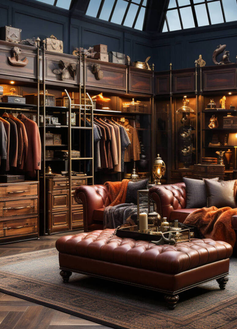 Interior of a luxury male wardrobe full of expensive suits. Generative ai